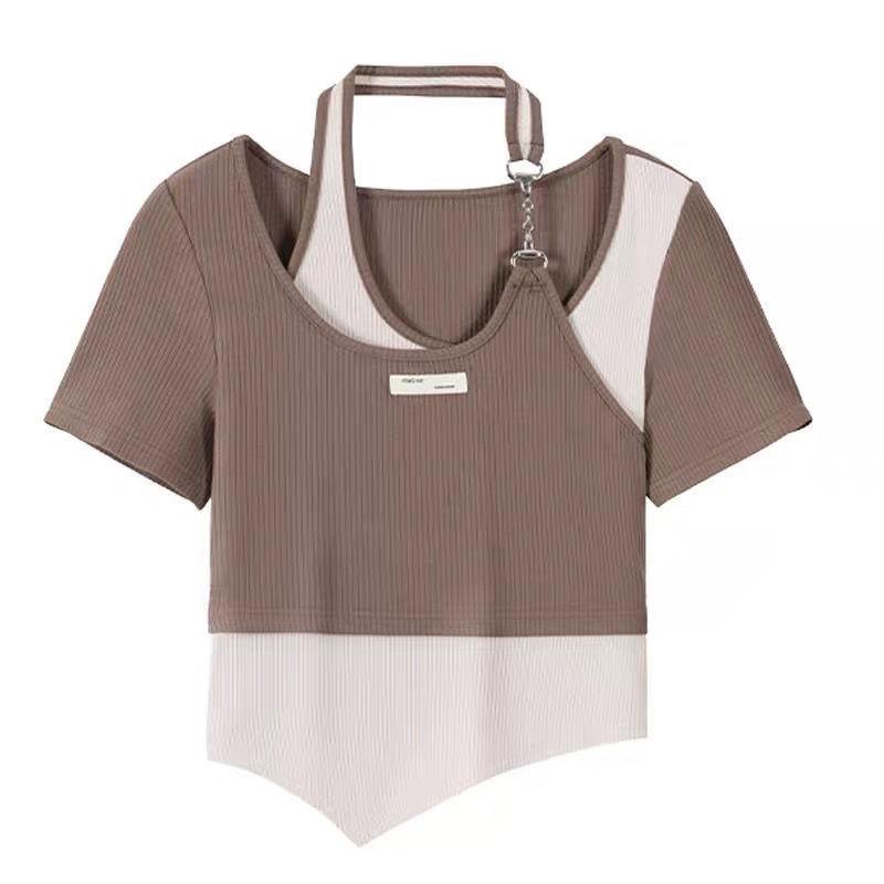 

Фальшивая футболка из двух частей, летний большой контрастный топ нестандартной посадки 2XL коричневый