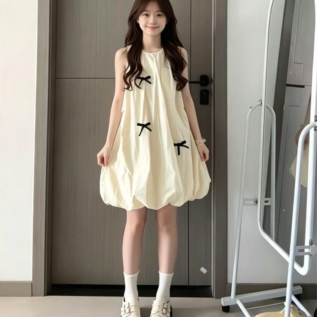 Small Sweet Sleeveless Bow First Love Bud Fairy Dress Summer Loose and Skinny Short Skirt