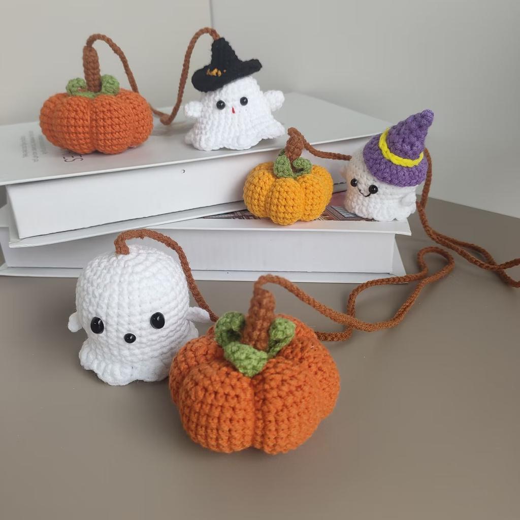 Crochet Ghost Car Pendants Creative Knitted Pumpkin Rearview Mirror  Pendant Halloween Decor