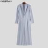 INCERUN Oversized Men Lapel Neck Long Sleeve Striped Loose Long Rompers Jumpsuits