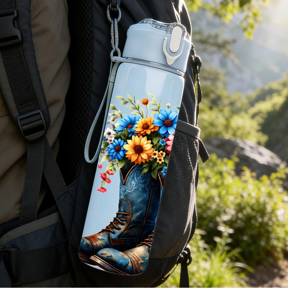 1PC Cowboy Boot Wildflower Bouquet 750ml Color Plastic Sports Water Bottle Leakproof Flip Straw Lid Suitable for Sports Office Home Use