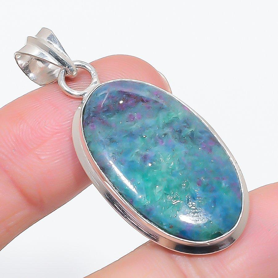 Natural Ruby Fuchsite Gemstone 925 Sterling Silver Jewelry Pendant 1.89" C7V22
