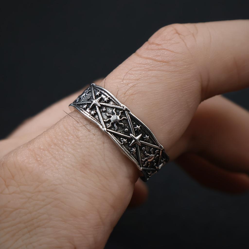Retro Sun&Stars Adjustable Open Ring For Men Women Gothic Punk Edgy Silver-plated Copper  Unisex Accessories Lovers Gift
