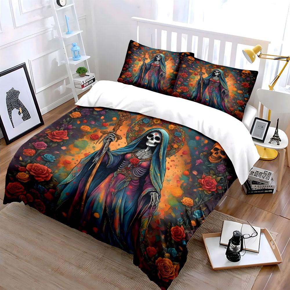 Skeleton Queen with Roses Artwork Bedding Duvet Cover Set (1*Duvet Cover 2*Pillowcases, Without Duvet Insert)