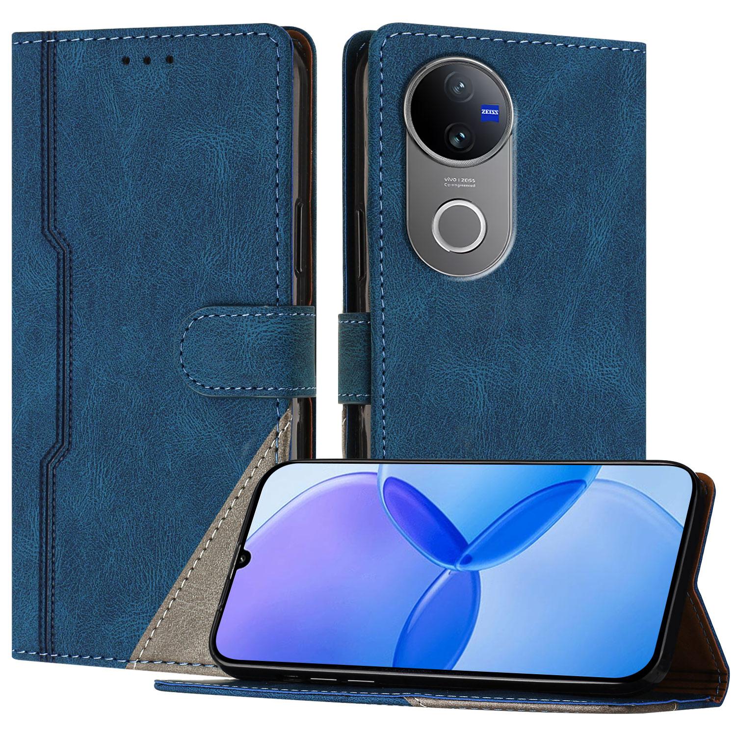 

For vivo V50 5G Leather Case Triangle Patchwork Wallet Stand Shockproof Phone Cover Blue