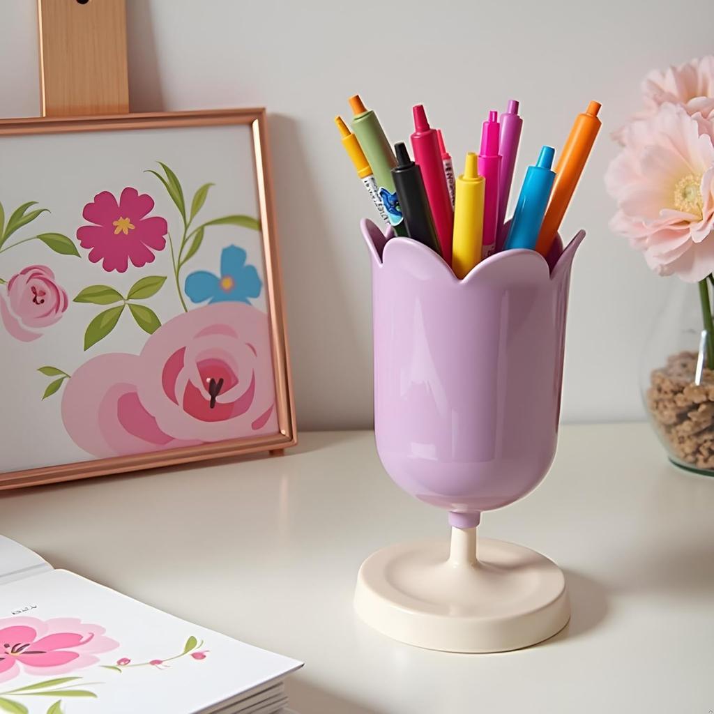 Pen Holder for Desk, Plastic Tulip Pen Holder Girl Small Makeup Box Cute Stationery Organizer Pencil Stand Case Pencil Cups Desktop Decoration Pencil