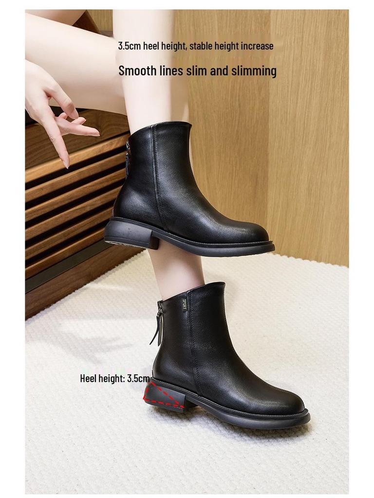 Women's Vintage Korean Style Mid-Calf Leather Martin Boots, Autumn/Winter Collection, Plus Size, Back Zipper, Casual Slimming Design.