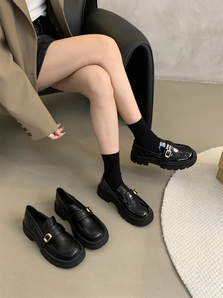 Fashion IPPEUM Women Loafers Platform Shoes Black PU Leather Round Toe Mary Janes Shoes Flats