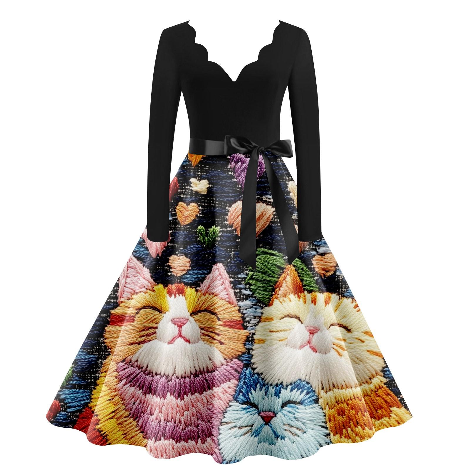 

Женское повседневное модное платье с V-образным вырезом и длинным рукавом с милым принтом в винтажном стиле M жёлтый