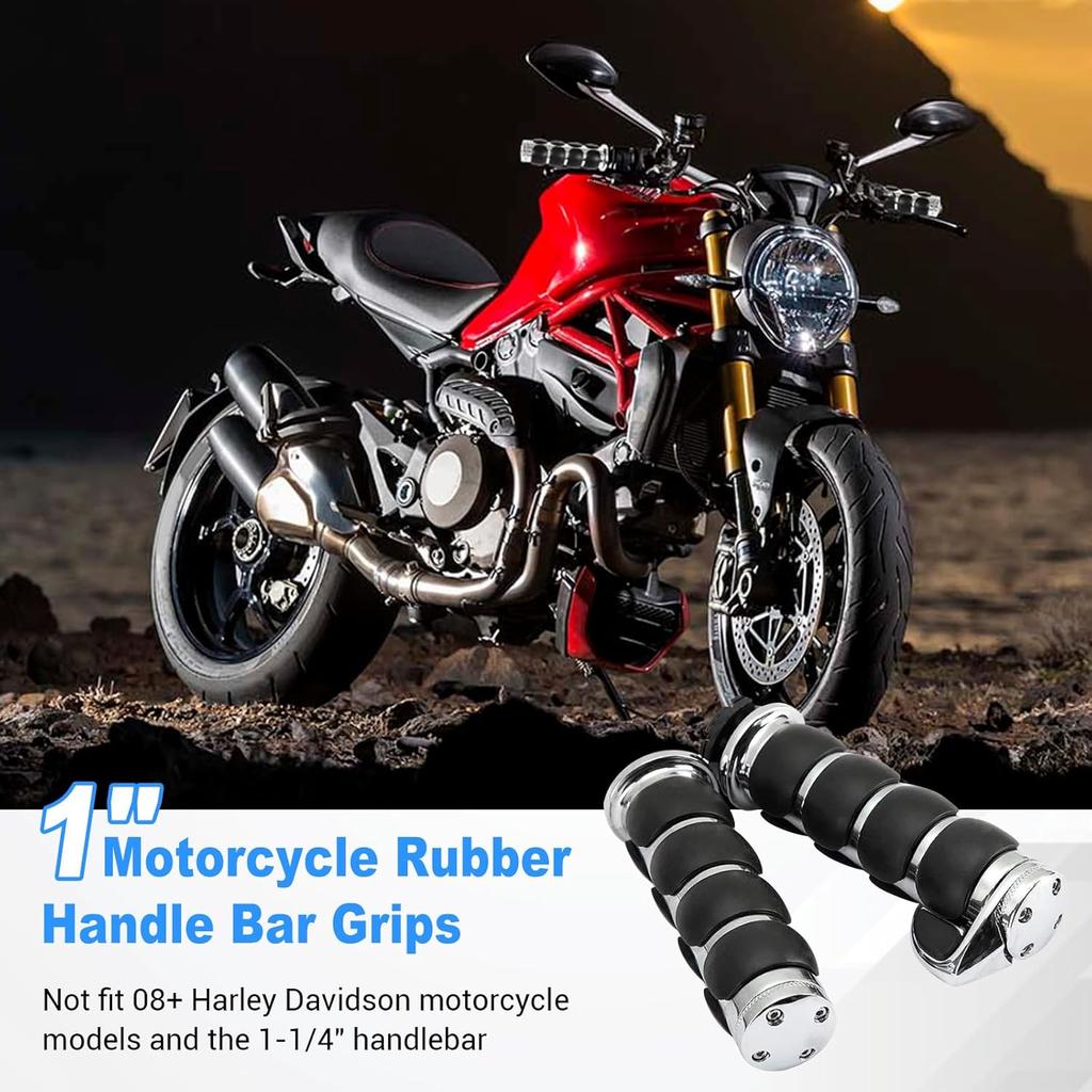 Motorcycle Handle Grips Universal 1'' Chrome Hand Grips with Anti-Slip Rubber Design and Throttle Assist Fit for Harley Yamaha Suzuki Honda Kawasaki
