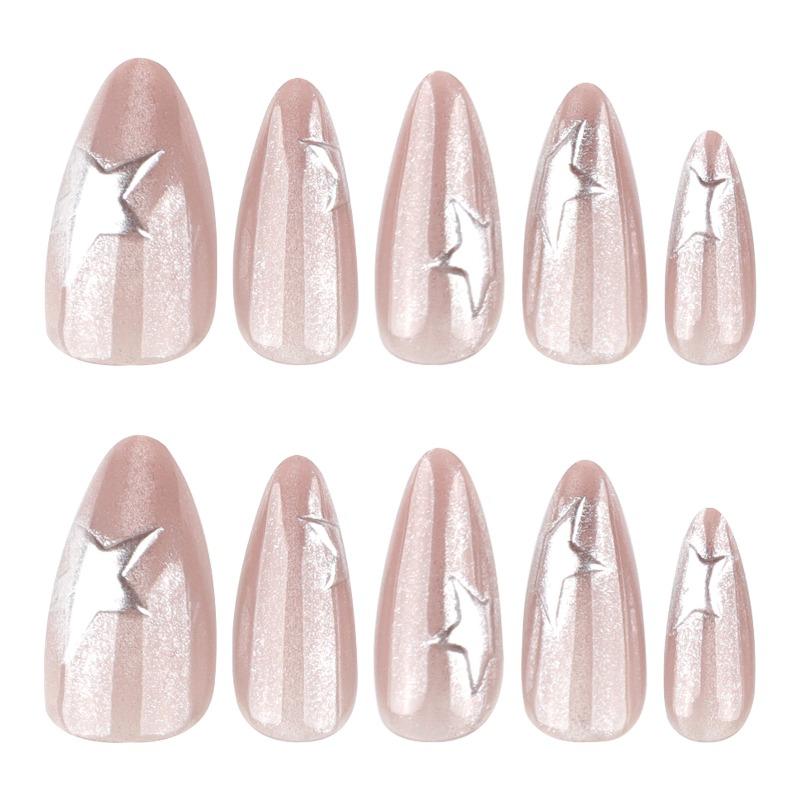 Flash cat's eye short almond nail piece fake nail wholesale 3D three-dimensional silver star nail piece wearing nail