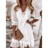 Short Sweet Summer Fashion V Neck Stitching Tied White Chiffon Loose Lotus Leaf Dress Female Dress