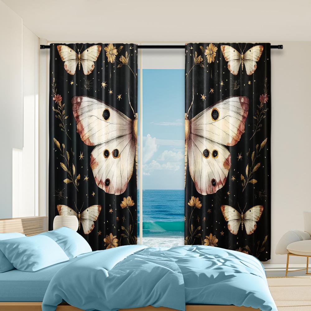 

2 pcs, versatile polyester transparent curtains for home decoration Vintage Black Butterfly & Floral Leaf Pee for use in 29x65in(75x166cm)
