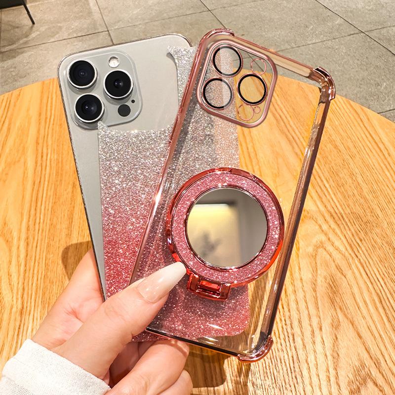 Glitter makeup mirror holder phone15promax mobile phone case Apple 14 four-corner airbag anti-drop 13 soft cover 2