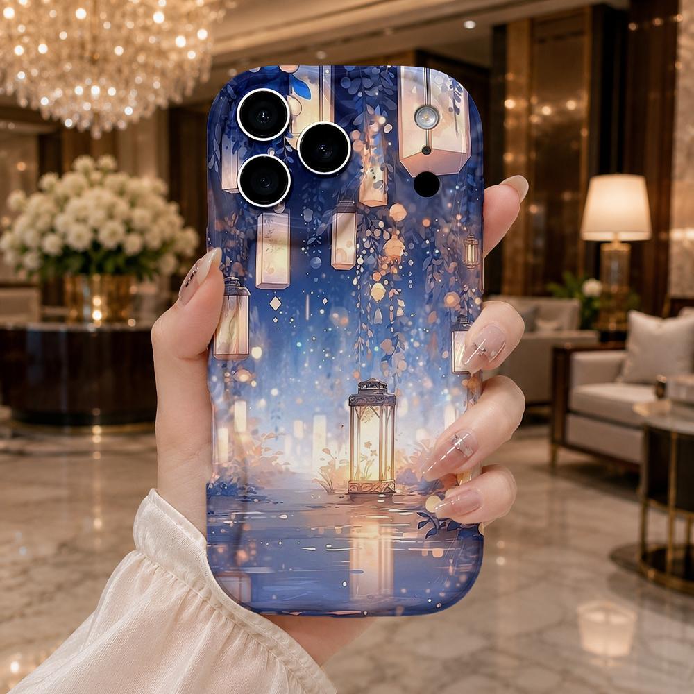 Night Sky Ancient Lantern Wavy Edge Phone Case For iPhone 16 15 14 Pro Max 13 12 11 Mini XR XS SE 2020 7 8 Plus Air Cover