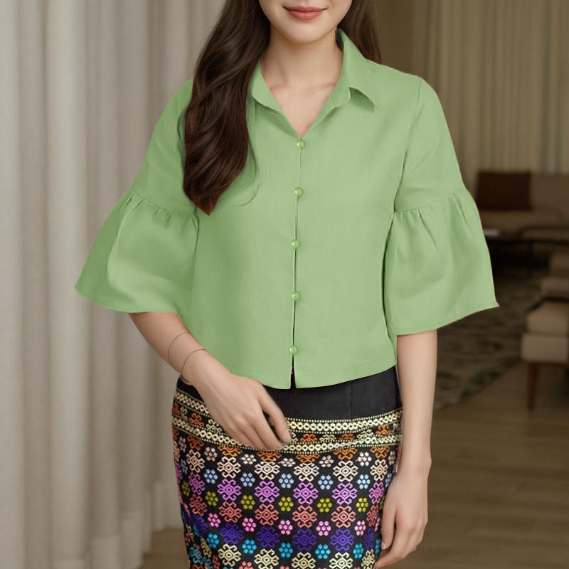 

ZANZEA Женская повседневная блузка классического кроя с отложным воротником, однотонная, свободного кроя, с рукавами до локтя 5XL зелёный