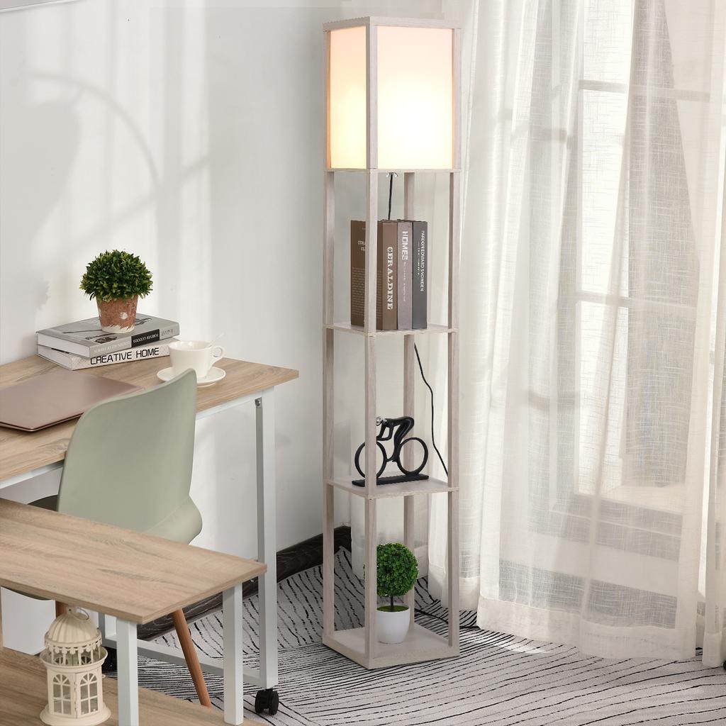 Floor Lamp with Shelves, Standing Light, Wood, 26 x 26 x 160 cm, for Living Room/Bedroom (Without Bulb)
