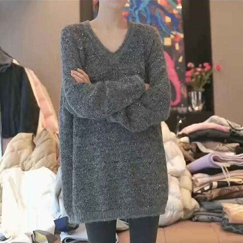 Sequin V-neck Pullover Sweater Autumn and Winter Lazy Style Mid-length Loose Knitted Sweater Top