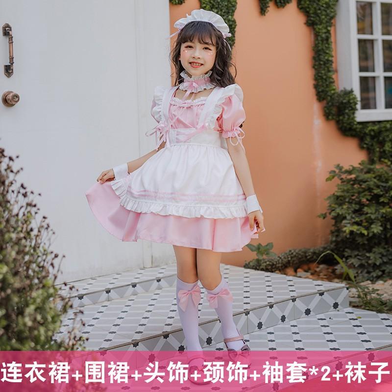 Kids Girl Black Maid Costume Dress Set Lolita Style Princess Outfit Dance Performance Party