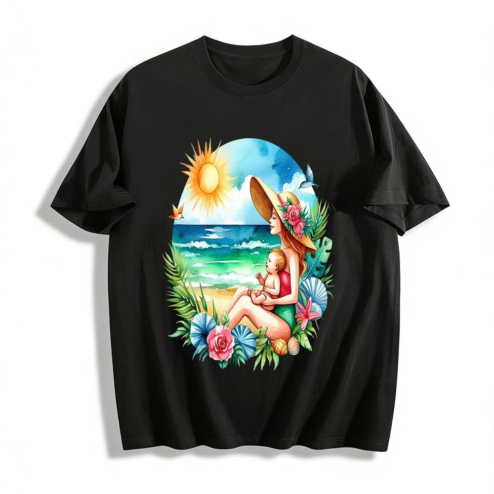 Summer Beach Mother Baby Print Tee Warm Parent-child Vacation Top Pure cotton T-shirt XXS
