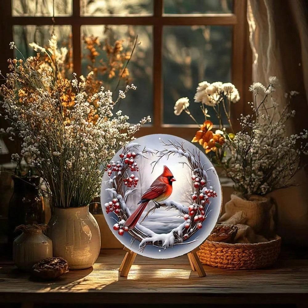 8x8 Inch Aluminum Red Grey Bird Christmas Wreath Sign, Winter Door Hanging Wall Decor for Home