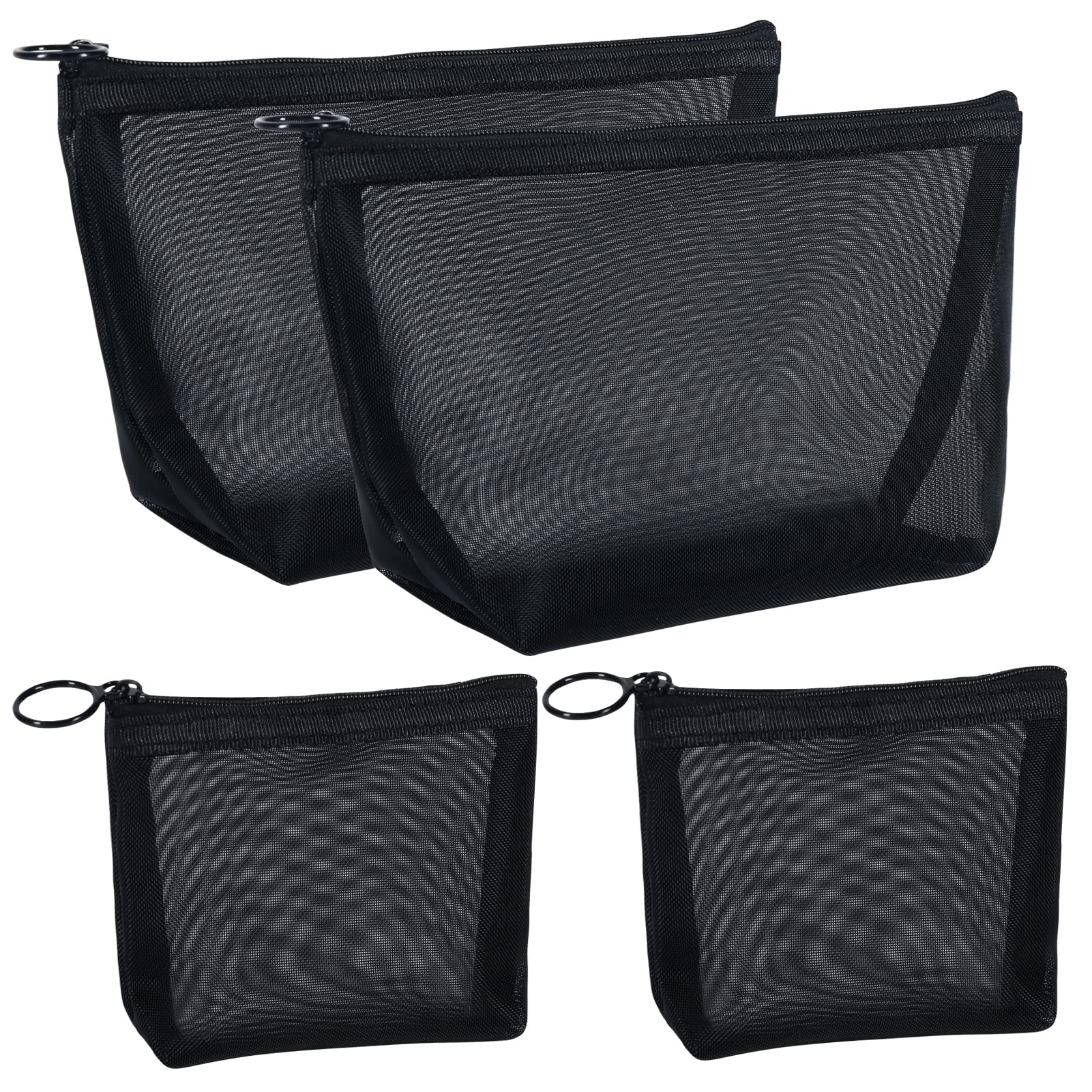 

besharppin Mesh Cosmetic Nylon Makeup Pouch for Cosmetics Storage and Small Items for Business Trips and Travel 4-Pack Pouch, (Black)
