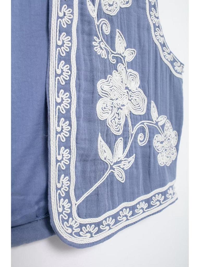 2024 Vintage květinová výšivka Barevný blok Vesta – Jarní bezrukávový top s otevřeným předním dílem