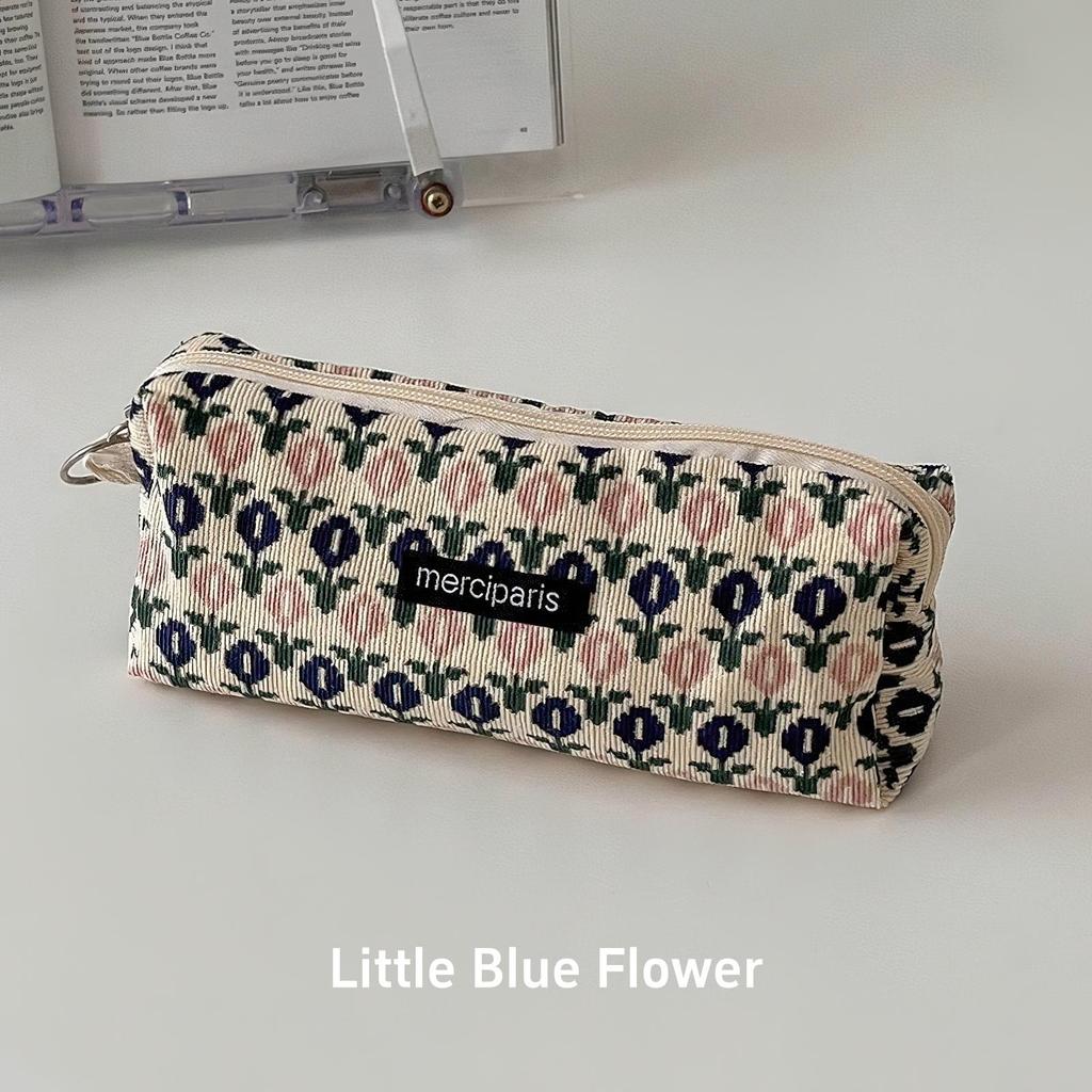 1pcs Corduroy Pencil Bag Pen Case Vintage Flower Grid Artistic Style Student Bag Unique Stationery Storage Pouch School