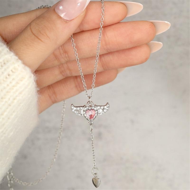 2pcs/set Zircon Heart Pendant Necklace Crystal Angel Wing Collarbone Chain for Women Girl Aesthetic Jewelry Long Chain