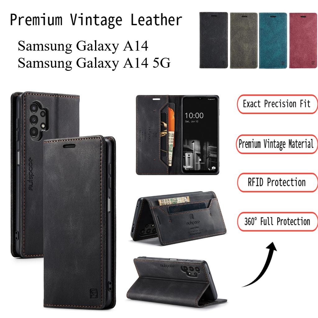 Premium Vintage Leather Wallet Case for Samsung Galaxy A14 4G/5G - RFID Protection Flip Cover with Card Slots, Shockproof Retro Style (4 Colors)