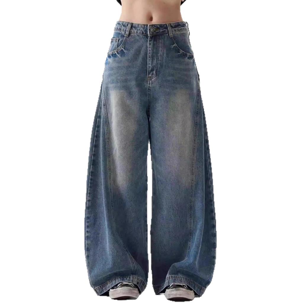 American Style Sickle Jeans Men's Retro Scimitar Design Washed and Old Men's Large Size Trendy Wide-leg Loose Pants