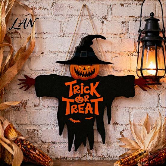 Halloween Window Decoration Wooden Hanging Door Sign, Scarecrow Pumpkin Wizard Ornament, Trick or Autumn Holiday Wall Decor Treat Plaque, Rustic Party