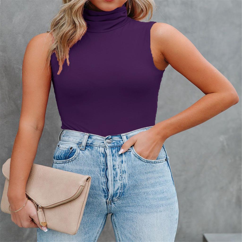 Women's Coloured High Neck Sleeveless Slim Fit Bottom Tank Top