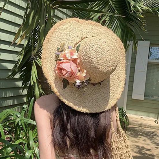Women Straw Hat Imitation Flower Decor Wide Brim Sun Protection Hat Lightweight Quick-Drying Summer Sun Hat