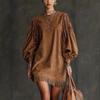 Womens Fringe Suede T-Shirt Dress with Lantern Sleeves