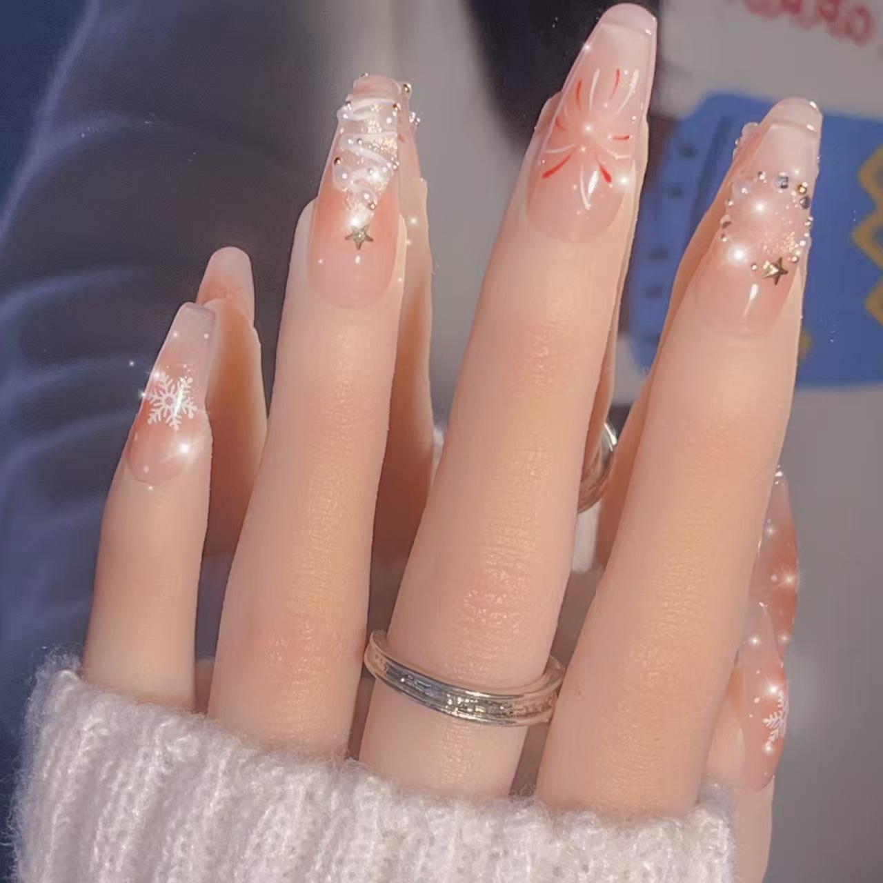 Hand-Painted Holiday Cat Eye Nails: Snowflake & Fireworks Design XS