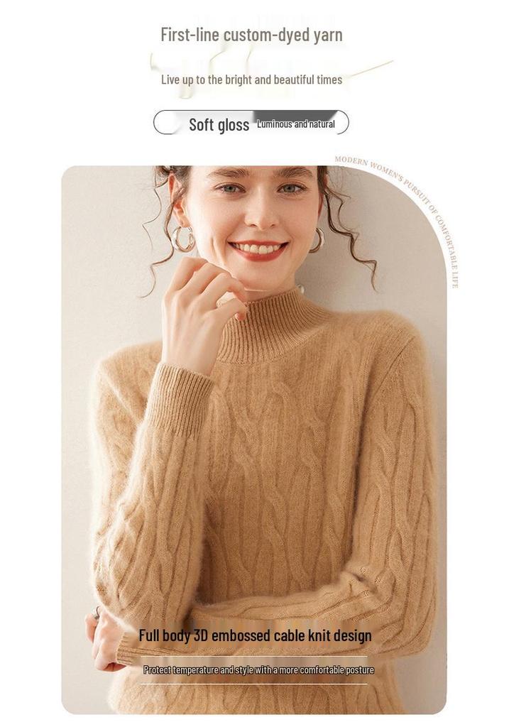 Women's Cashmere Cable Knit Sweater: Autumn/Winter Long Sleeve, Loose Fit, Half-High Neck, Thick and Warm Base Layer.