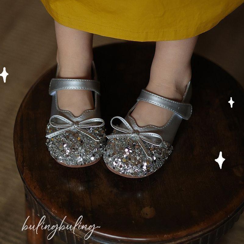 Girls Princess Shoes Shiny Sequins Kids Flat Shoes Round Toes Sweet 2025 New Children Dance Shoes Simple Bows Wedding Non-slip