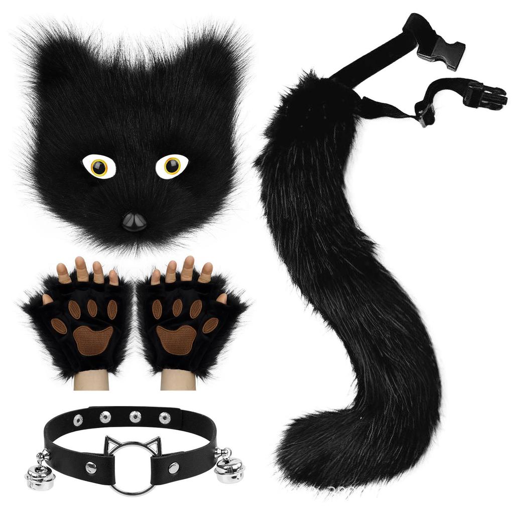 Halloween Fox Mask & Gloves with Plush Tail and Collar Set for Cosplay