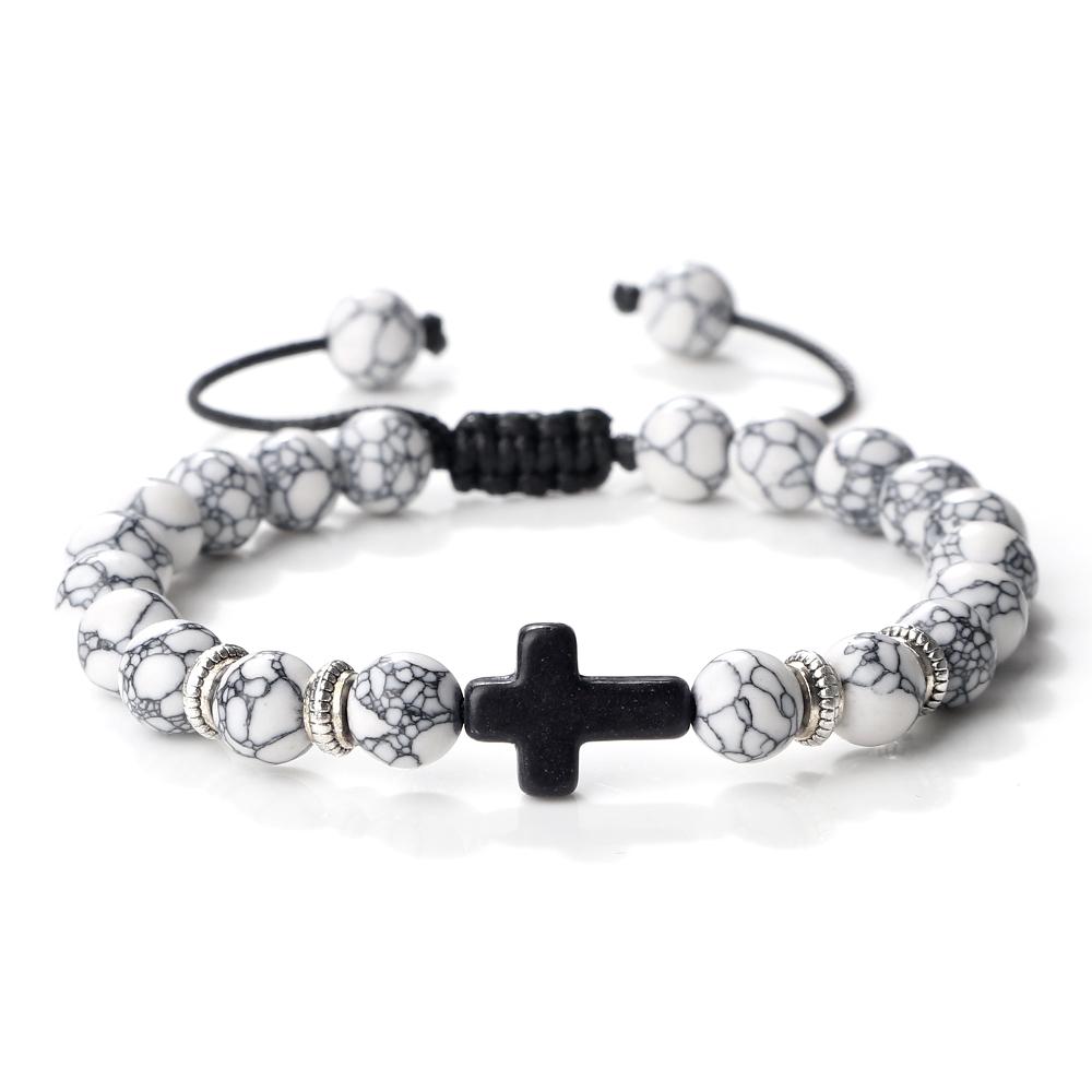 Men Women Braided Bracelet 8MM Natural Stone Christian Bless Jesus Cross Hematite Bead Bracelets Bangles Prayer Handmade Jewelry