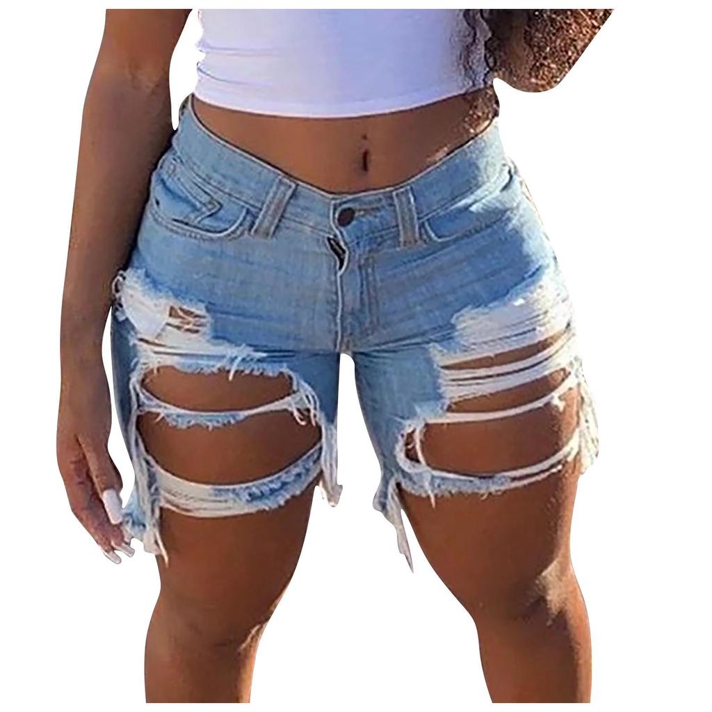 Women Elastic Destroyed Hole Leggings Short Pants Denim Shorts Ripped Jeans