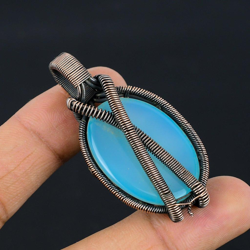 Blauer Chalcedon 999 Kupferdraht umwickelter Anhänger, Handgefertigter Edelsteinanhänger Schmuck, Geschenke für Ehefrau Brandneuer Anhänger