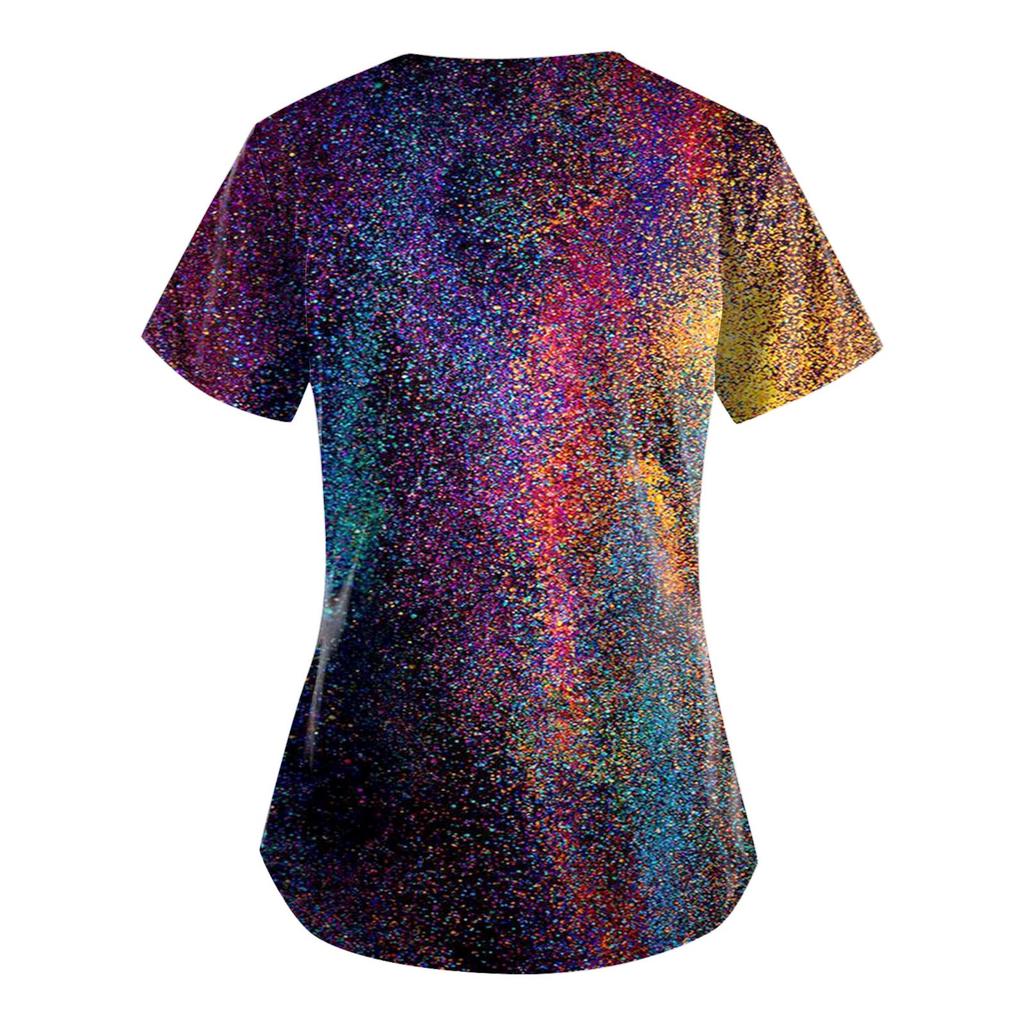 Plus Size Cute Printed Scrub Working Uniform Tops For Women  V-Neck Short Sleeve Fun T-Shirts Workwear Tee With Pockets
