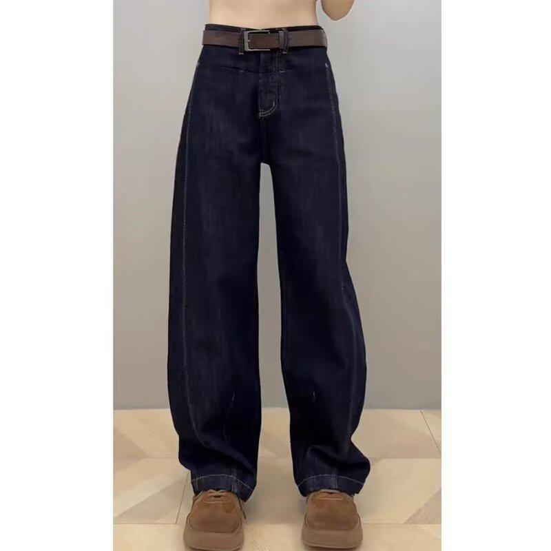 Women s High-Waisted Floor-Length Blue Denim Jeans - Wide-Leg, Loose Fit, 2026 Spring/Autumn Collection XL синий