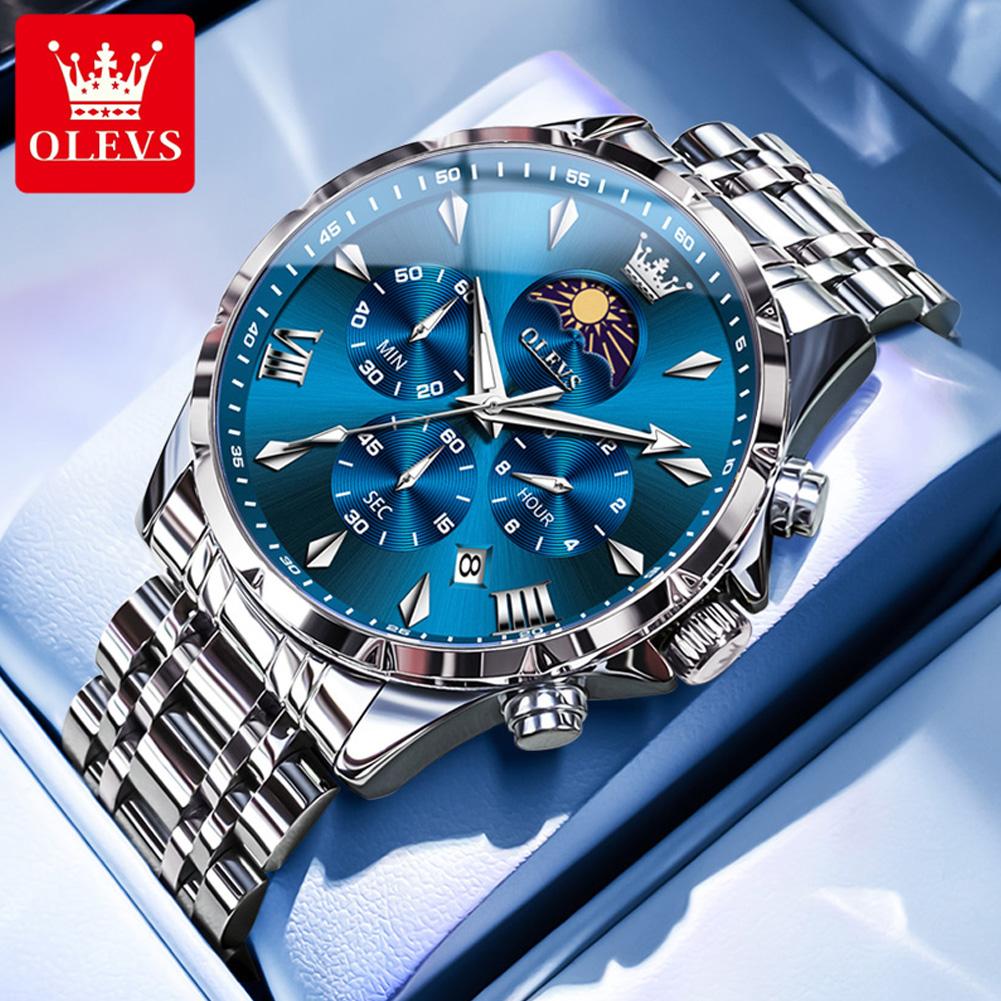 OLEVS Fashion Silver Blue Stainless Steel Watches for Men Sport Waterproof Man Moon Phase Date Male Quartz Wristwatch reloj