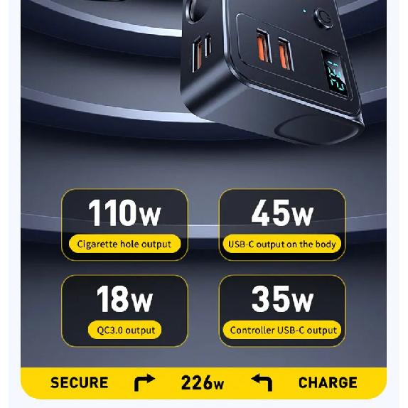 226W Car Charger Fast Charging Cigarette Lighter Split Adapter PD QC3.0 USB Voltage Display Front Rear Charge 12V 24V Truck SUV