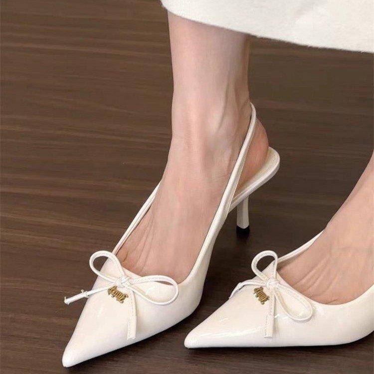 Mori women niche single shoes 2025 spring and summer new red bow pointed high heels simple empty bag head sandals