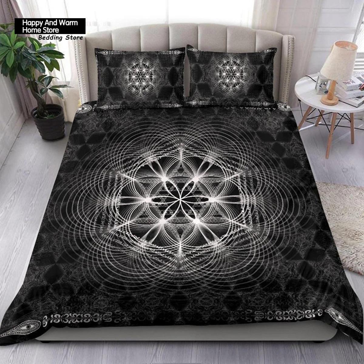 Donkerblauw Dekbedovertrek Flower of Life Met Sterren Geometrie 3-delige Beddengoedset Abstracte 3D-print Spiritueel Symbool Sac Quilt Cover EU Double(200x200cm)