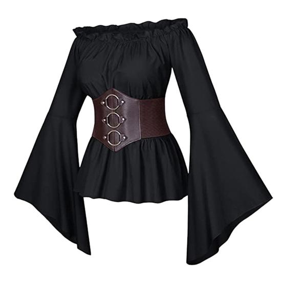 Top da donna con corsetto medievale pirata spalle scoperte maniche svasate irregolari camicetta orlo a petalo festival performance costume cosplay