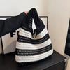 Color Block Knitted Tote Bag for Women Casual Striped Crochet Shoulder Bag Lightweight Large Capacity Beach Bag